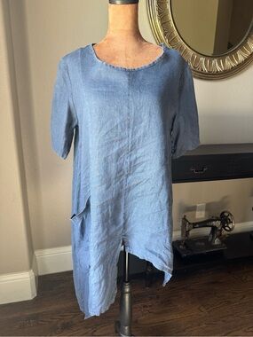 SAGA Made in Italy 100% Linen Asymmetrical Lagenlook Tunic Blue
